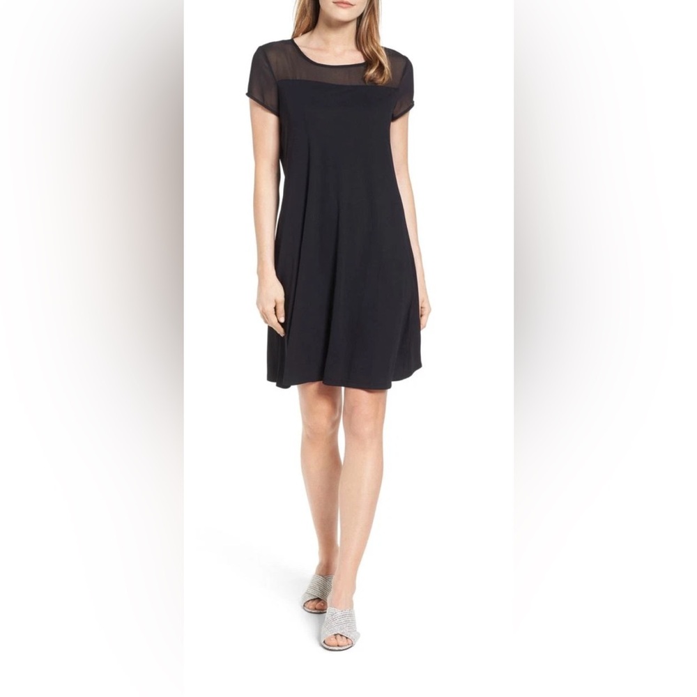Vince Camuto Dress Black Mesh Top A Line Short Sleeves Round Neckline EUC XS 👍